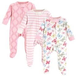 Touched By Nature Baby Girl Organic Cotton Zipper Sleep And Play 3pk, Butterflies