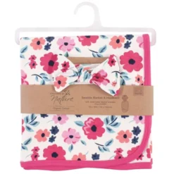 Touched By Nature Baby Girl Organic Cotton Swaddle Blanket And Headband Or Cap, Garden Floral, One Size