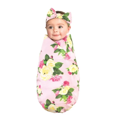 Touched By Nature Infant Girl Organic Cotton Swaddle Blanket And Headband, Rose Peony, 0-6 Months 2 Touched By Nature Infant Girl Organic Cotton Swaddle Blanket And Headband, Rose Peony, 0-6 Months - Image 2