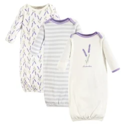 Touched By Nature Baby Girl Organic Cotton Long-Sleeve Gowns 3pk, Lavender, 0-6 Months