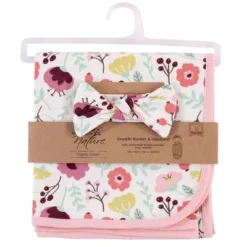Touched By Nature Baby Girl Organic Cotton Swaddle Blanket And Headband Or Cap, Botanical, One Size