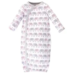 Touched By Nature Baby Girl Organic Cotton Side-Closure Snap Long-Sleeve Gowns 3pk, Pink Gray Elephant