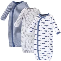 Touched By Nature Baby Boy Organic Cotton Side-Closure Snap Long-Sleeve Gowns 3pk, Blue Whale -Baby GUEST 5605d889 6f97 49ce 815f 050a98d15a2c