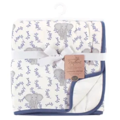 Touched By Nature Baby Organic Cotton Muslin Tranquility Blanket, Blue Elephant, One Size