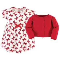 Touched By Nature Baby And Toddler Girl Organic Cotton Dress And Cardigan 2pc Set, Bows
