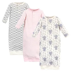 Touched By Nature Baby Girl Organic Cotton Henley Long-Sleeve Gowns 3pk, Girl Elephant