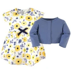 Touched By Nature Baby And Toddler Girl Organic Cotton Dress And Cardigan 2pc Set, Yellow Garden