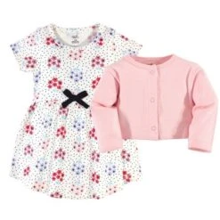 Touched By Nature Baby And Toddler Girl Organic Cotton Dress And Cardigan 2pc Set, Floral Dot