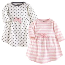 Touched By Nature Baby And Toddler Girl Organic Cotton Long-Sleeve Dresses 2pk, Pink Gray Scribble