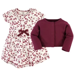 Touched By Nature Baby And Toddler Girl Organic Cotton Dress And Cardigan 2pc Set, Berry Branch