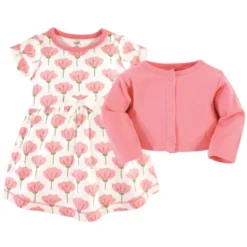 Touched By Nature Baby And Toddler Girl Organic Cotton Dress And Cardigan 2pc Set, Tulip