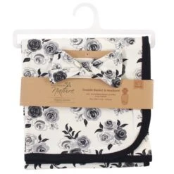 Touched By Nature Baby Girl Organic Cotton Swaddle Blanket And Headband Or Cap, Black Floral, One Size
