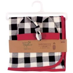 Touched By Nature Baby Boy Organic Cotton Swaddle Blanket And Headband Or Cap, Black Plaid, One Size
