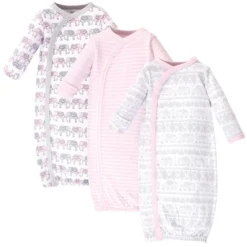 Touched By Nature Baby Girl Organic Cotton Side-Closure Snap Long-Sleeve Gowns 3pk, Pink Gray Elephant -Baby GUEST 9e211cd8 bddb 4138 979c f61fdd57f425