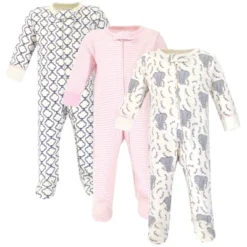 Touched By Nature Baby Girl Organic Cotton Zipper Sleep And Play 3pk, Girl Elephant