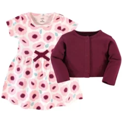 Touched By Nature Baby And Toddler Girl Organic Cotton Dress And Cardigan 2pc Set, Blush Blossom