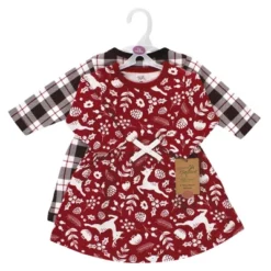 Touched By Nature Infant And Toddler Girl Organic Cotton Long-Sleeve Dresses, Red Winter Folk