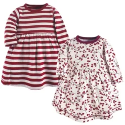 Touched By Nature Baby And Toddler Girl Organic Cotton Long-Sleeve Dresses 2pk, Berry Branch