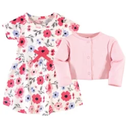 Touched By Nature Baby And Toddler Girl Organic Cotton Dress And Cardigan 2pc Set, Coral Garden
