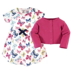 Touched By Nature Baby And Toddler Girl Organic Cotton Dress And Cardigan 2pc Set, Bright Butterflies