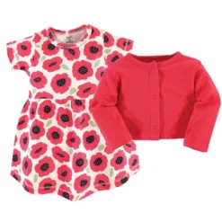 Touched By Nature Baby And Toddler Girl Organic Cotton Dress And Cardigan 2pc Set, Poppy