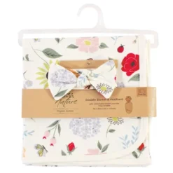 Touched By Nature Baby Girl Organic Cotton Swaddle Blanket And Headband Or Cap, Flutter Garden, One Size