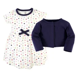 Touched By Nature Baby And Toddler Girl Organic Cotton Dress And Cardigan 2pc Set, Colorful Dot