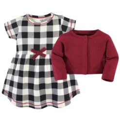 Touched By Nature Baby And Toddler Girl Organic Cotton Dress And Cardigan 2pc Set, Black Plaid