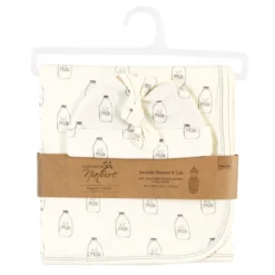 Touched By Nature Unisex Baby Organic Cotton Swaddle Blanket And Cap, Milk, 0-6 Months