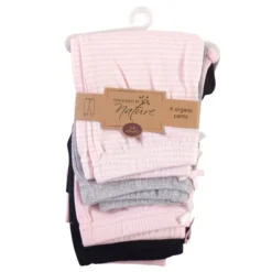 Touched By Nature Baby And Toddler Girl Organic Cotton Pants 4pk, Black Lt. Pink Stripe