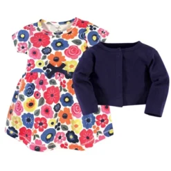 Touched By Nature Baby And Toddler Girl Organic Cotton Dress And Cardigan 2pc Set, Bright Flower