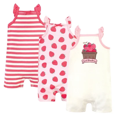 Touched By Nature Baby Girl Organic Cotton Rompers 3pk, Strawberries 4 Touched By Nature Baby Girl Organic Cotton Rompers 3pk, Strawberries - Image 4