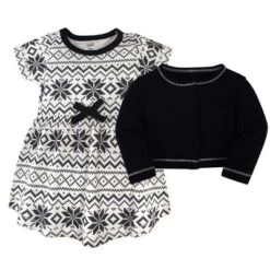 Touched By Nature Baby And Toddler Girl Organic Cotton Dress And Cardigan 2pc Set, Black Fair Isle