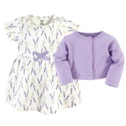 Touched By Nature Baby And Toddler Girl Organic Cotton Dress And Cardigan 2pc Set, Lavender
